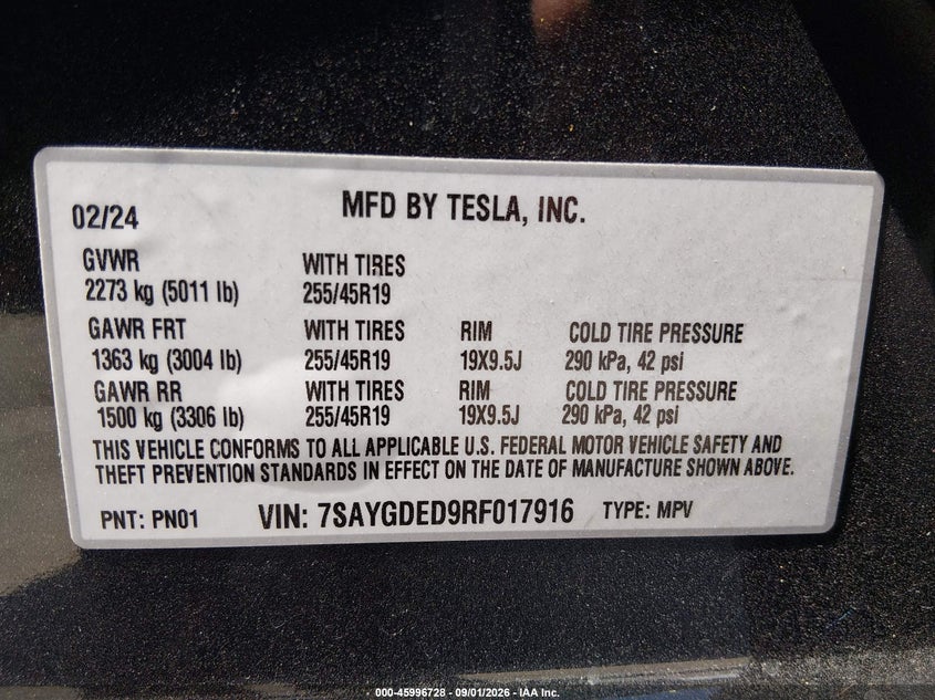TESLA MODEL Y 2024 VIN 7SAYGDED9RF017916