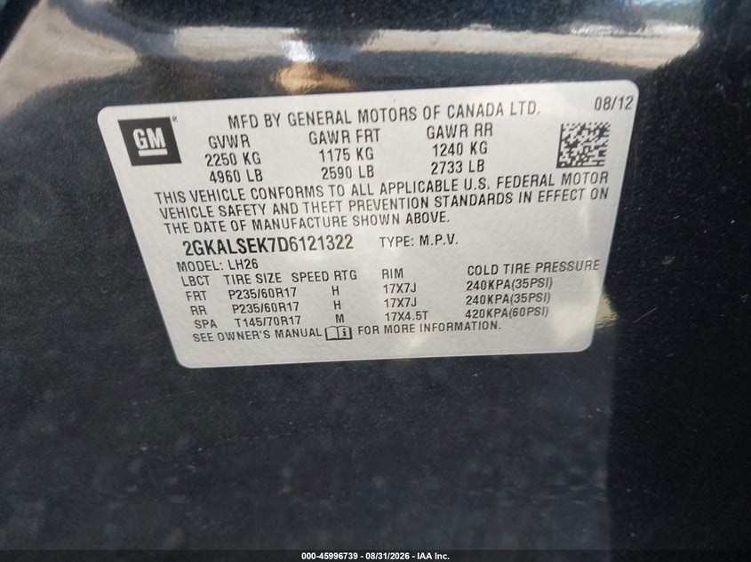 GMC TERRAIN 2013 VIN 2GKALSEK7D6121322