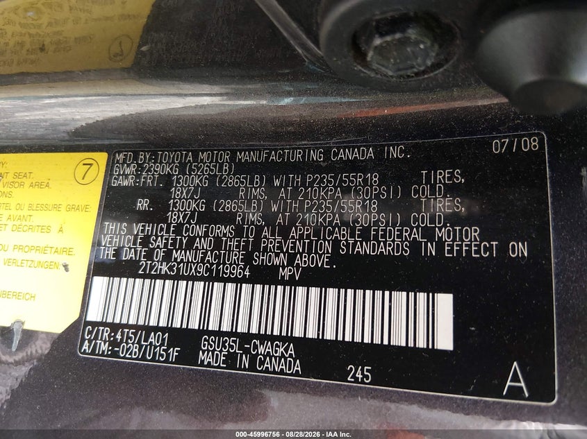 LEXUS RX 350 2009 VIN 2T2HK31UX9C119964