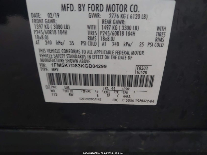 FORD EXPLORER 2019 VIN 1FM5K7D83KGB04299