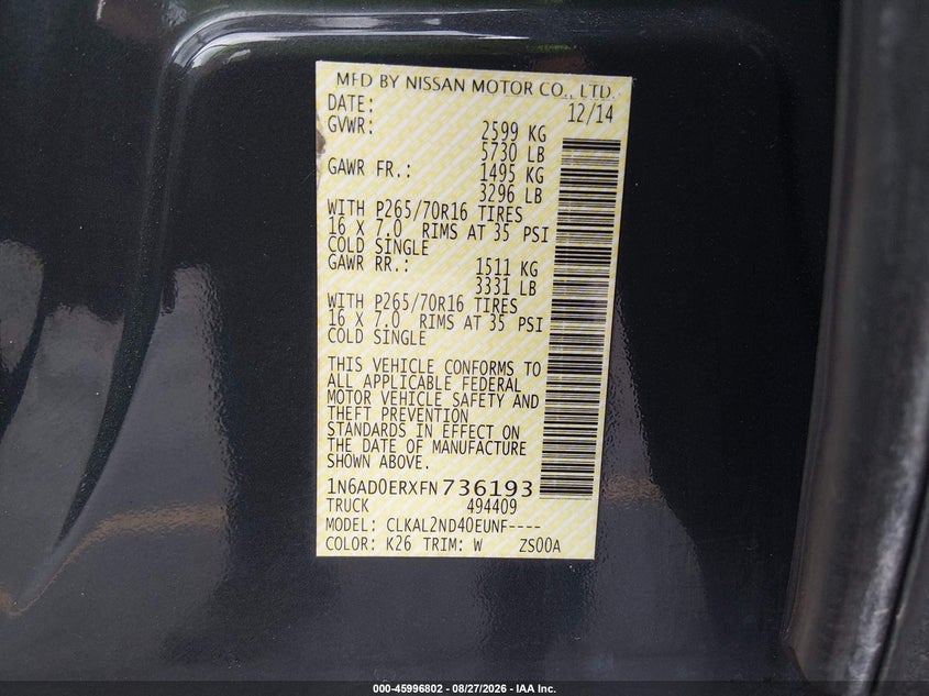 NISSAN FRONTIER 2015 VIN 1N6AD0ERXFN736193