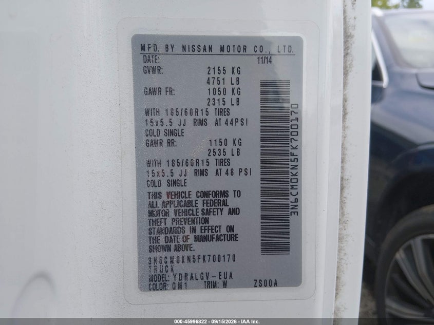 NISSAN NV200 2015 VIN 3N6CM0KN5FK700170