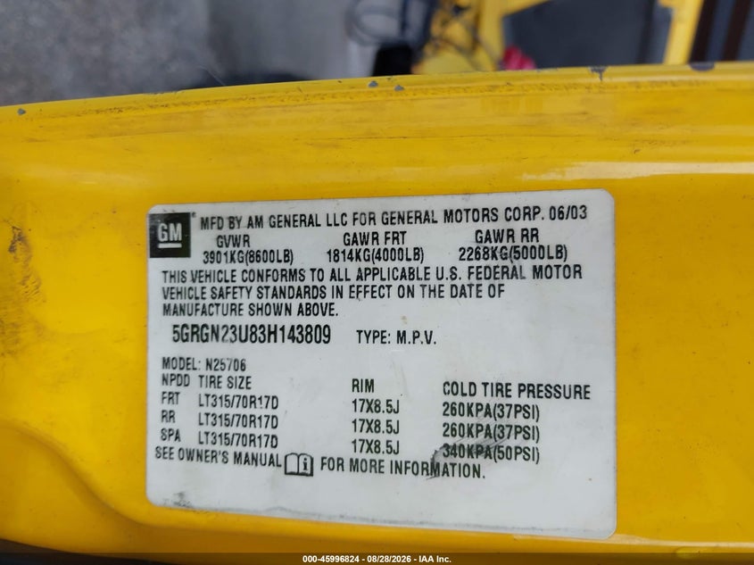 HUMMER H2 2003 VIN 5GRGN23U83H143809