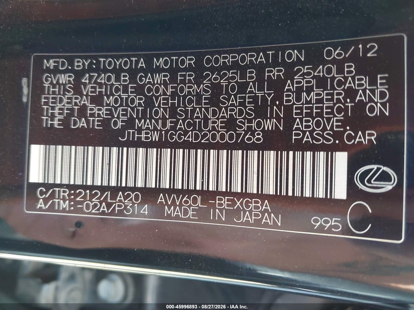 LEXUS ES 300H 2013 VIN JTHBW1GG4D2000768
