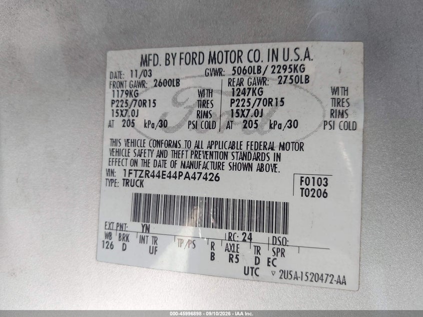 FORD RANGER 2004 VIN 1FTZR44E44PA47426