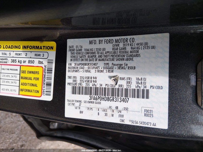 FORD FUSION 2016 VIN 3FA6P0HD8GR313407