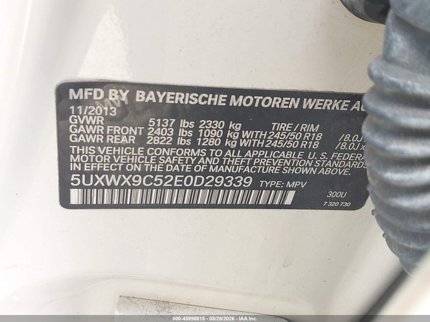BMW X3 2014 VIN 5UXWX9C52E0D29339