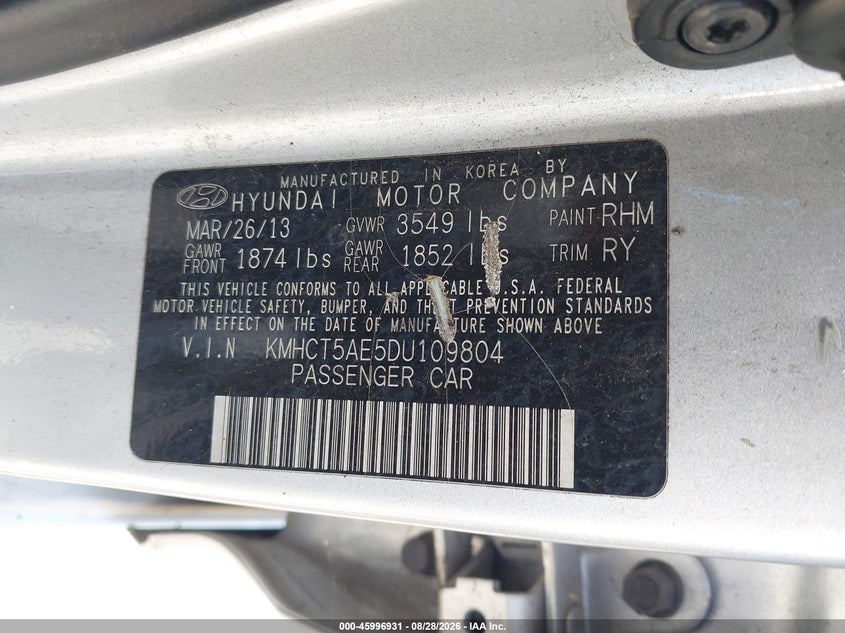 HYUNDAI ACCENT 2013 VIN KMHCT5AE5DU109804