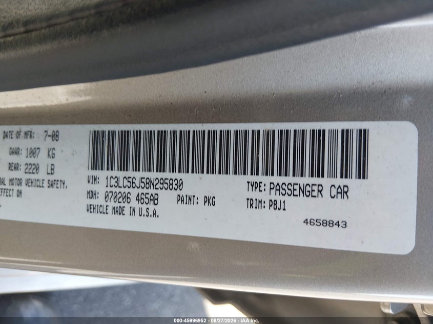 2008 CHRYSLER SEBRING SEDAN 2.4L I-4 DOHC, VVT, 173HP