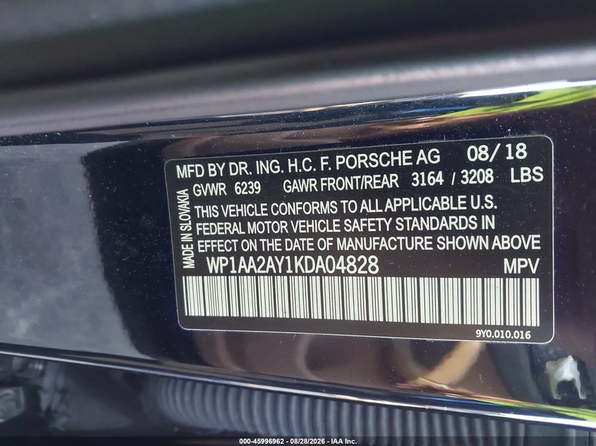PORSCHE CAYENNE 2019 VIN WP1AA2AY1KDA04828