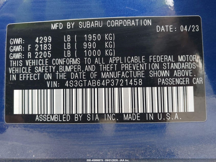 SUBARU IMPREZA 2023 VIN 4S3GTAB64P3721458