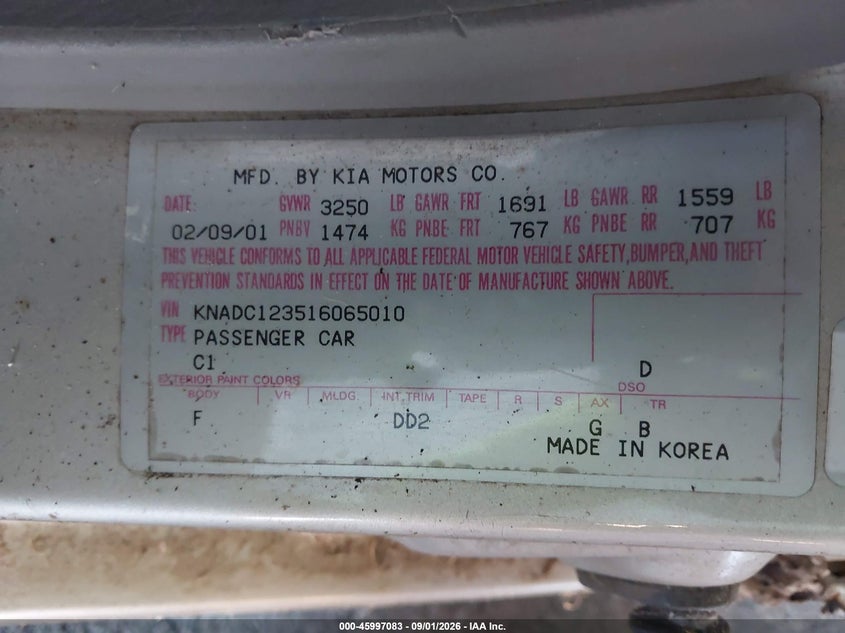 KIA RIO 2001 VIN KNADC123516065010