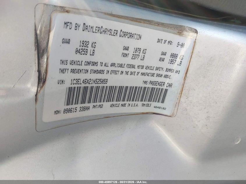 CHRYSLER SEBRING 2001 VIN 1C3EL46X21N525059