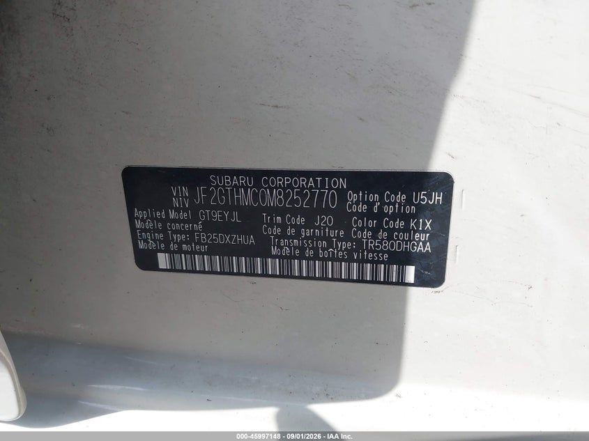 SUBARU CROSSTREK 2021 VIN JF2GTHMC0M8252770