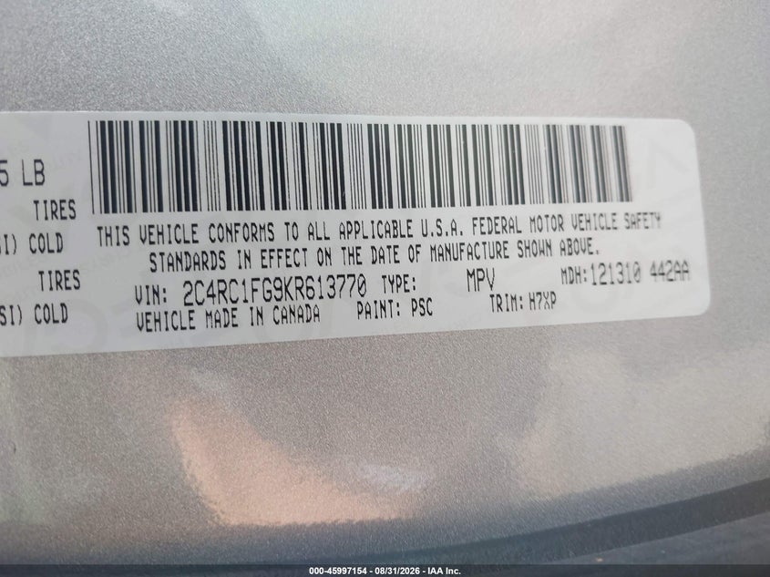 CHRYSLER PACIFICA 2019 VIN 2C4RC1FG9KR613770