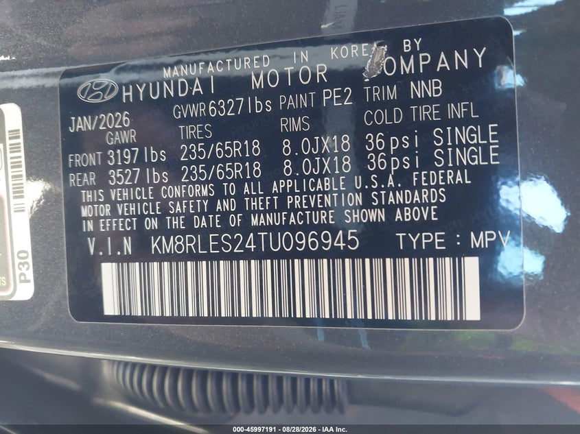 HYUNDAI PALISADE 2026 VIN KM8RLES24TU096945