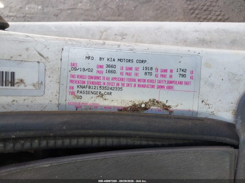 KIA SPECTRA 2003 VIN KNAFB121535242335