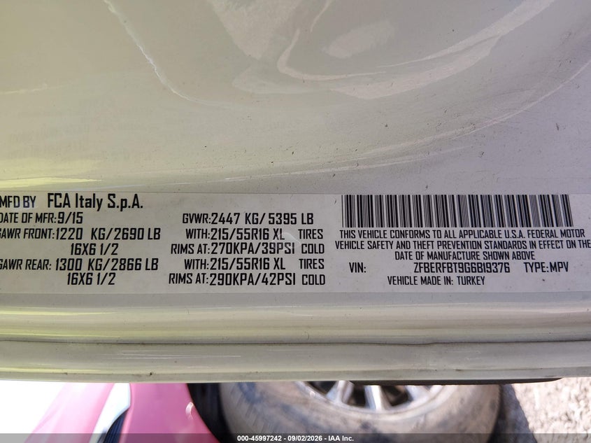 RAM PROMASTER CITY 2016 VIN ZFBERFBT9G6B19376