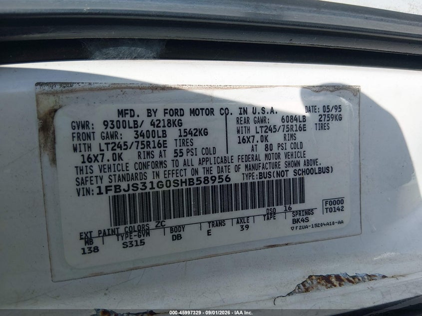 FORD ECONOLINE 1995 VIN 1FBJS31G0SHB58956