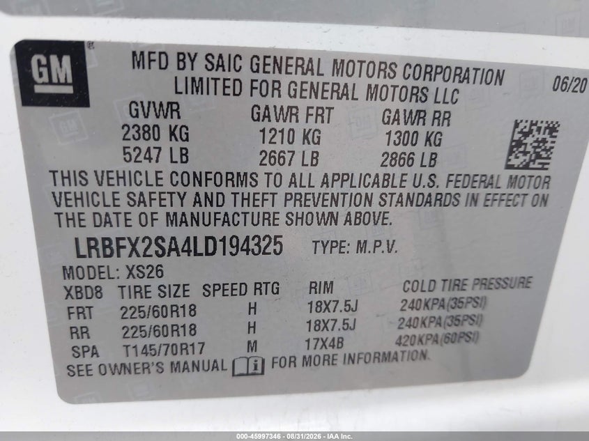 BUICK ENVISION 2020 VIN LRBFX2SA4LD194325