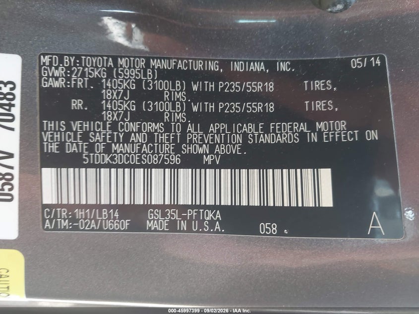 TOYOTA SIENNA 2014 VIN 5TDDK3DC0ES087596