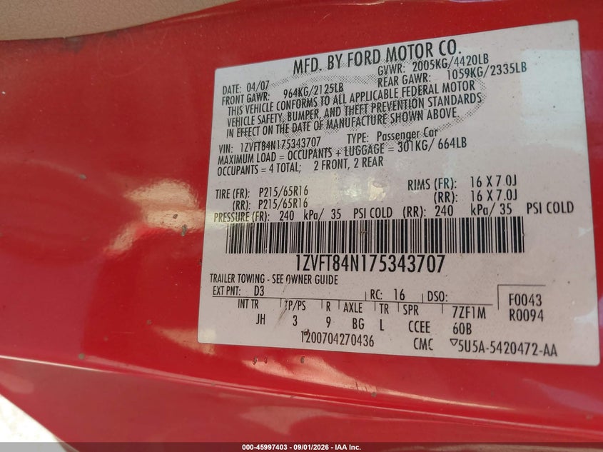 FORD MUSTANG 2007 VIN 1ZVFT84N175343707