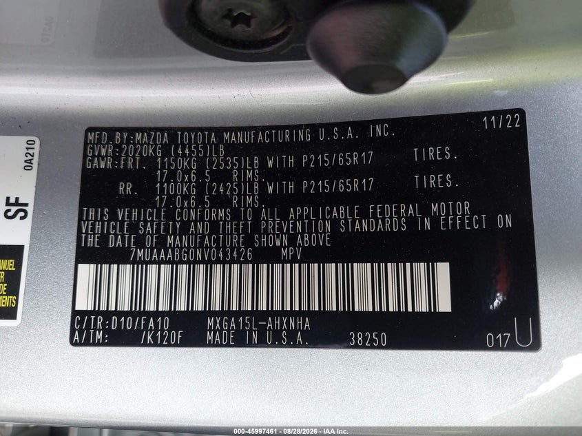 TOYOTA COROLLA CROSS 2022 VIN 7MUAAABG0NV043426