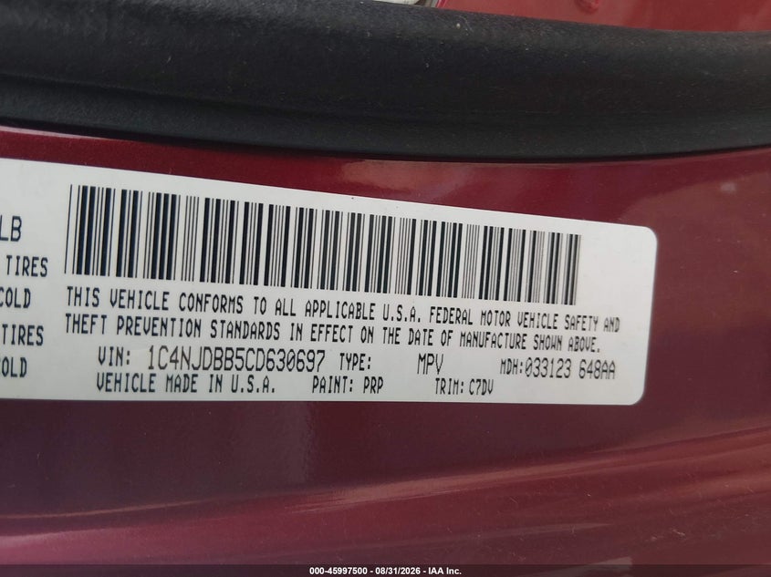 JEEP COMPASS 2012 VIN 1C4NJDBB5CD630697