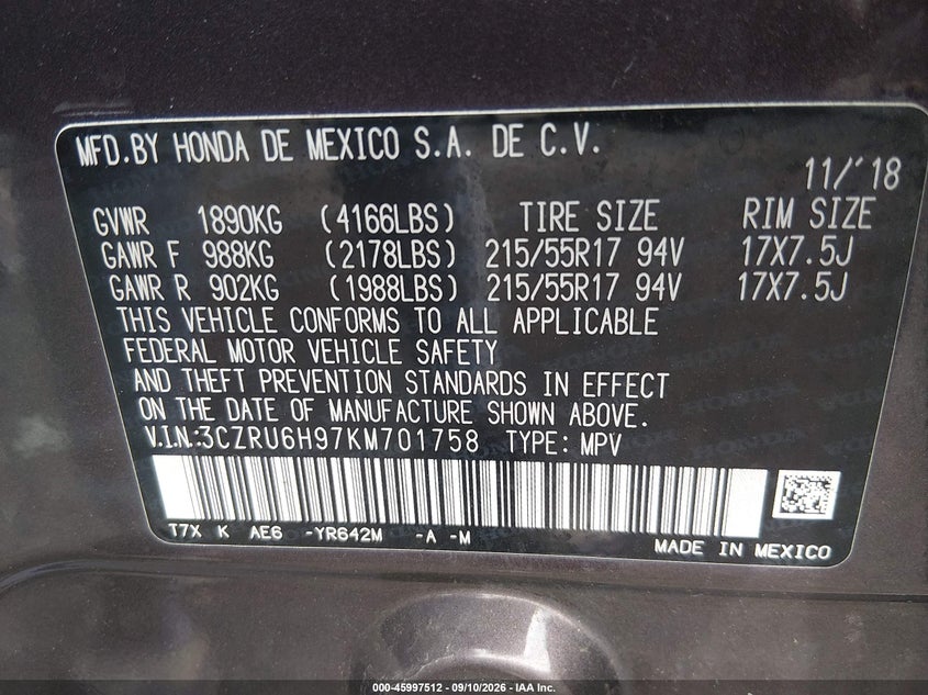 HONDA HR-V 2019 VIN 3CZRU6H97KM701758