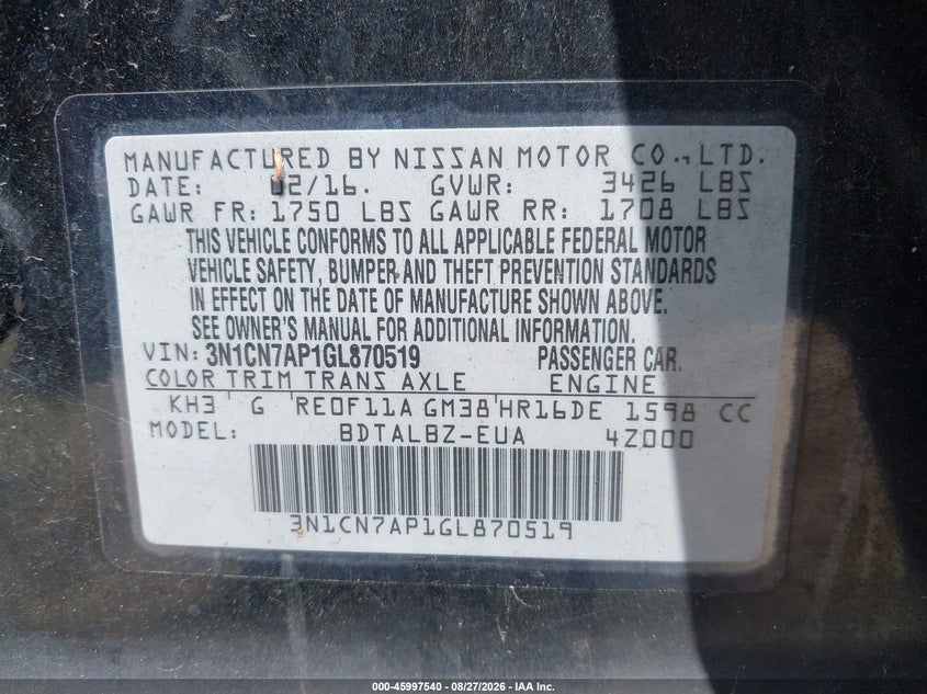 2016 NISSAN VERSA SEDAN 1.6L I-4 DOHC, VVT, REGULAR , 109HP