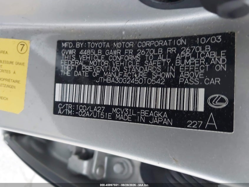 LEXUS ES 330 2004 VIN JTHBA30G245010542