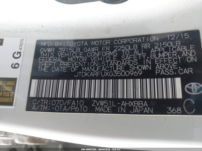 TOYOTA PRIUS 2016 VIN JTDKARFUXG3500969