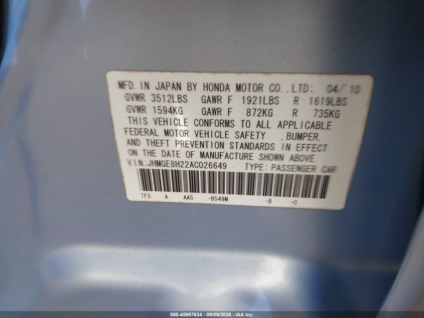 HONDA FIT 2010 VIN JHMGE8H22AC026649