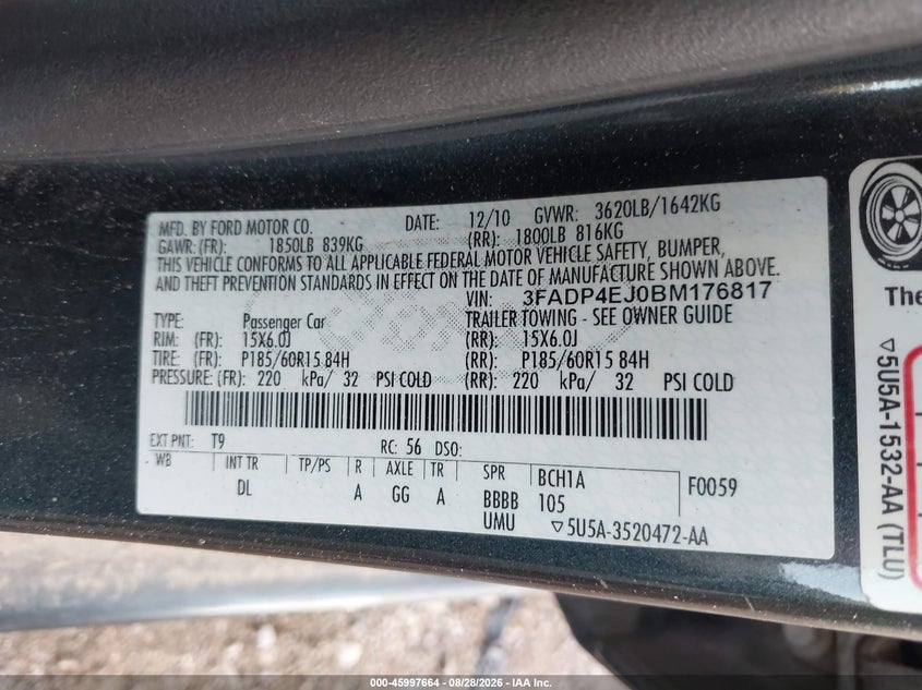 FORD FIESTA 2011 VIN 3FADP4EJ0BM176817