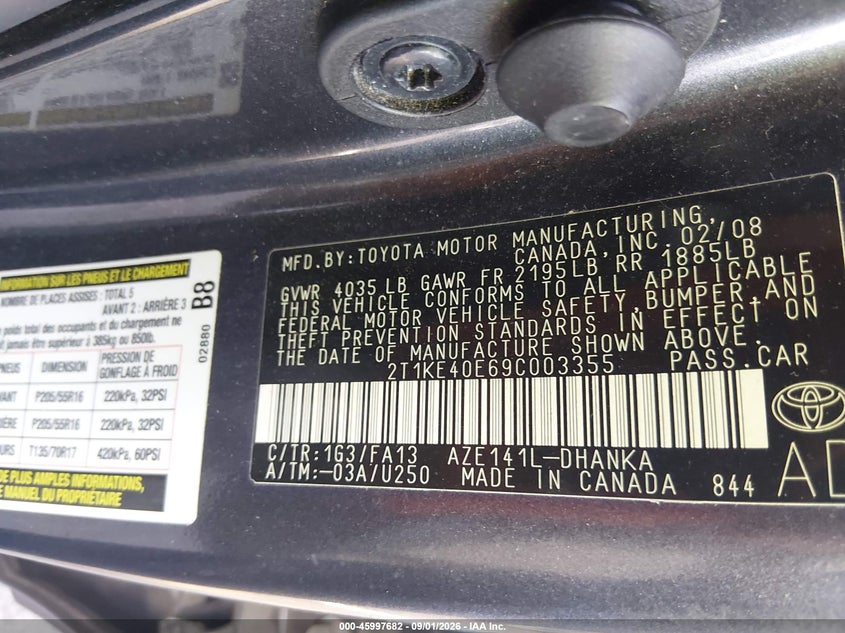 TOYOTA MATRIX 2009 VIN 2T1KE40E69C003355