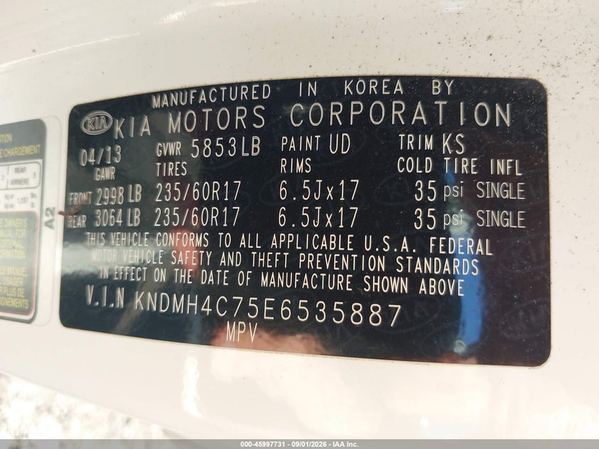 KIA SEDONA 2014 VIN KNDMH4C75E6535887