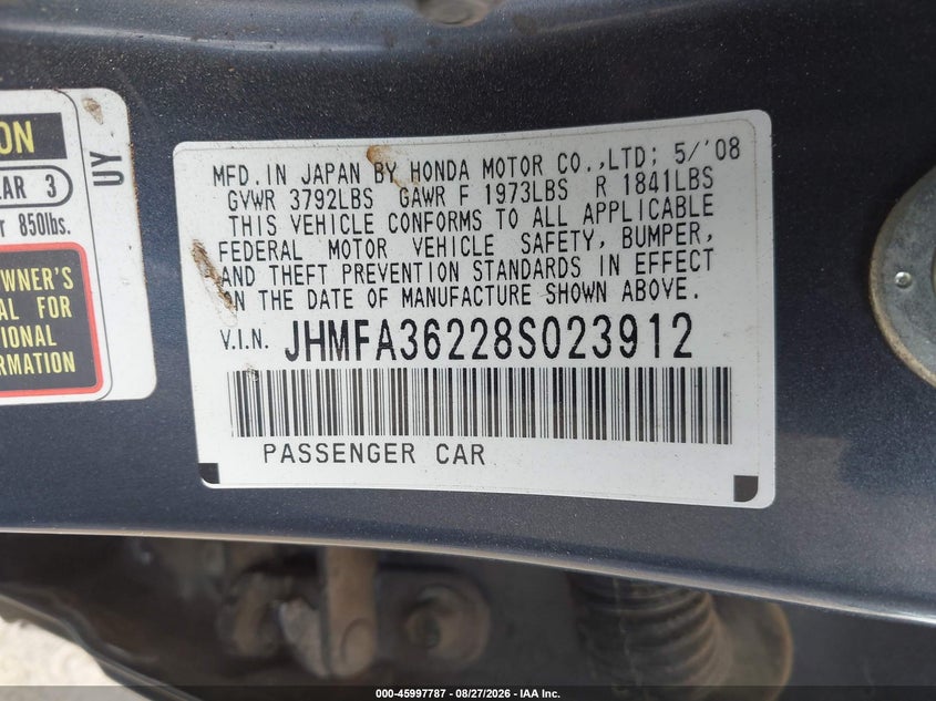 2008 HONDA CIVIC SEDAN 1.3L I-4 VVT, REGULAR , 93HP