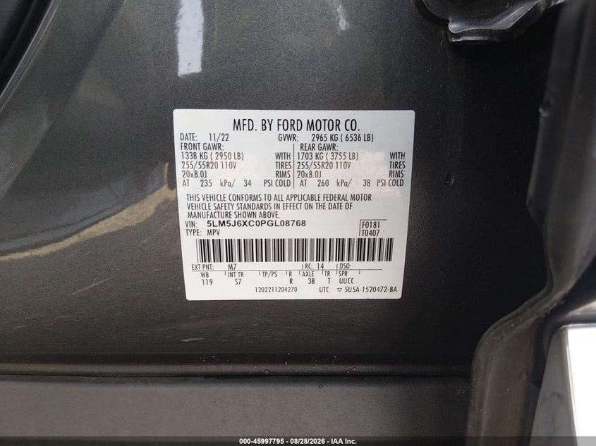 LINCOLN AVIATOR 2023 VIN 5LM5J6XC0PGL08768