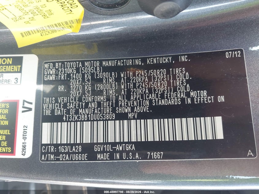 TOYOTA VENZA 2013 VIN 4T3ZK3BB1DU053809