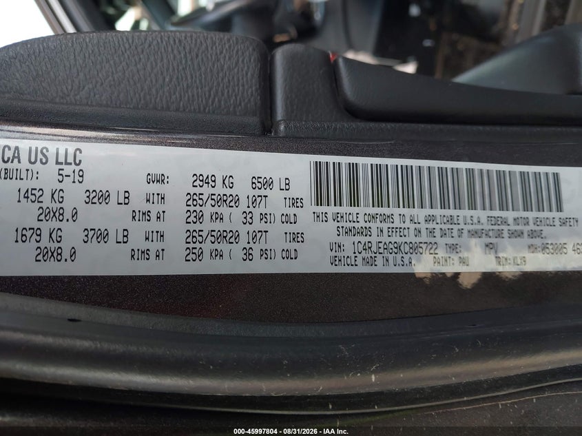 JEEP GRAND CHEROKEE 2019 VIN 1C4RJEAG9KC805722