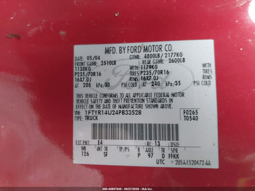2004 FORD RANGER PICKUP 3.0L V-6 REGULAR , 148HP