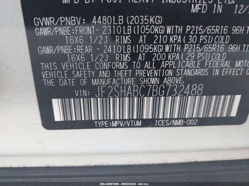 SUBARU FORESTER 2011 VIN JF2SHABC7BG732488