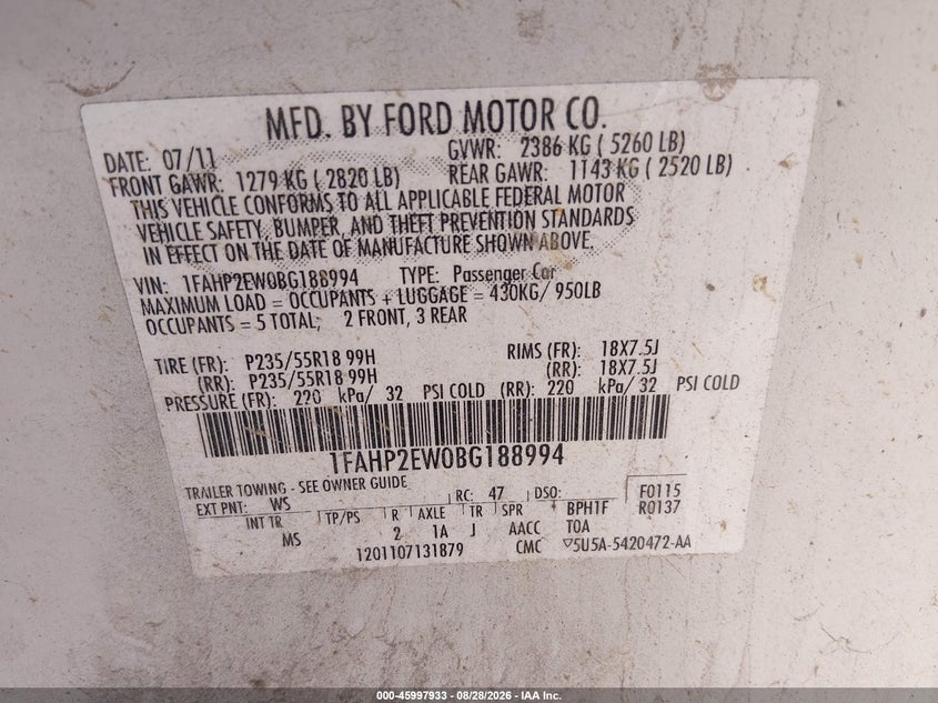 FORD TAURUS 2011 VIN 1FAHP2EW0BG188994