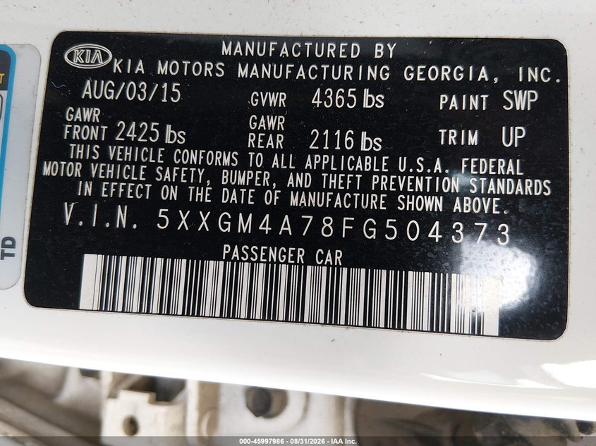 KIA OPTIMA 2015 VIN 5XXGM4A78FG504373