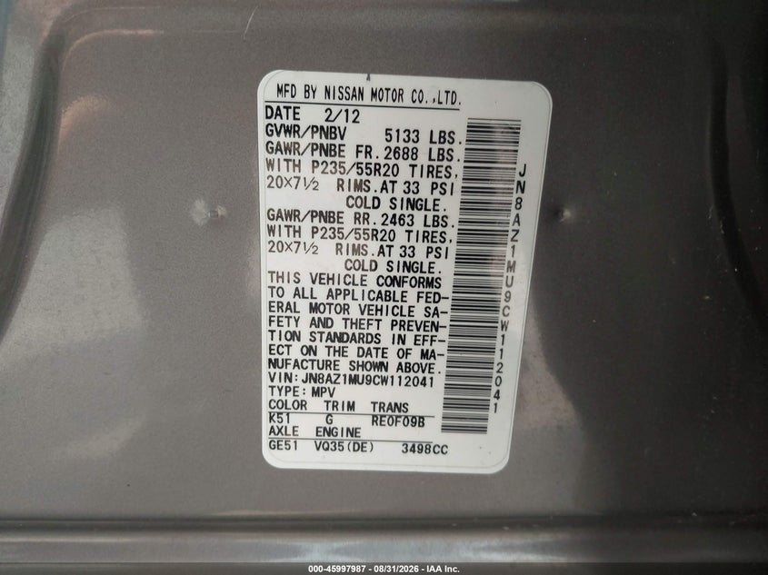 NISSAN MURANO 2012 VIN JN8AZ1MU9CW112041