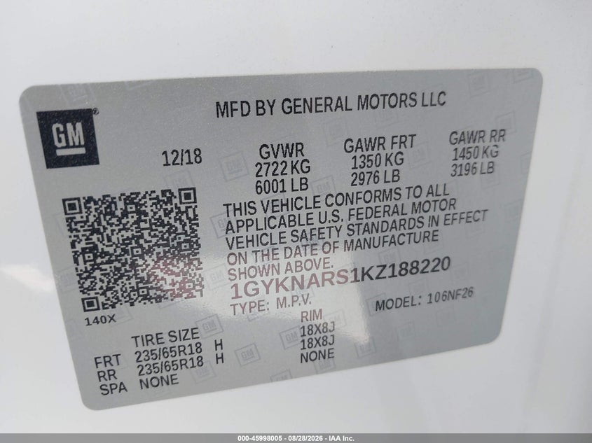 CADILLAC XT5 2019 VIN 1GYKNARS1KZ188220