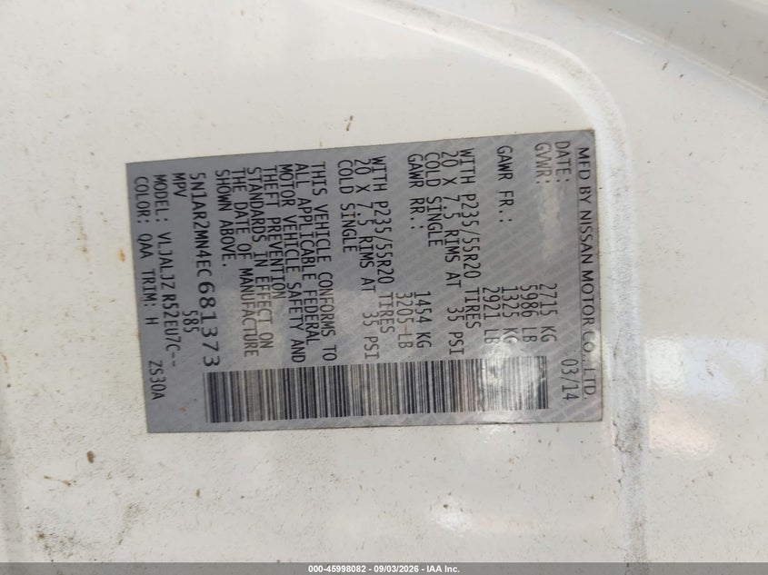 NISSAN PATHFINDER 2014 VIN 5N1AR2MN4EC681373