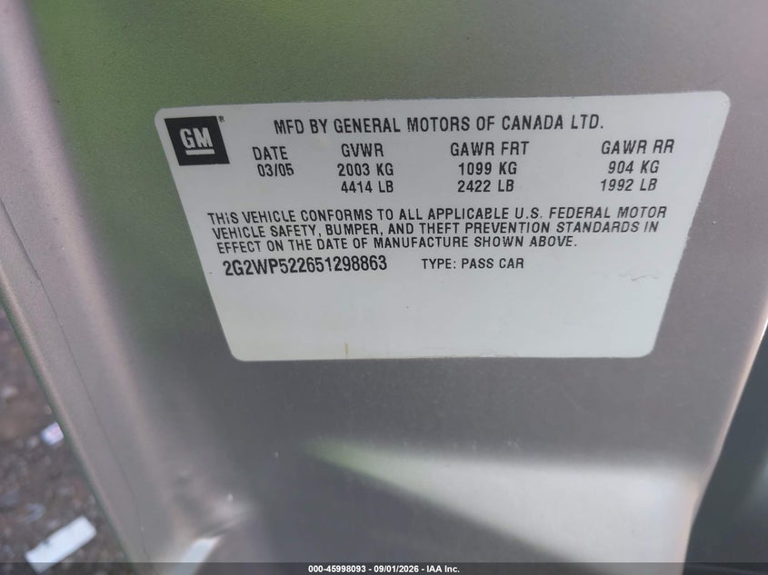 PONTIAC GRAND PRIX 2005 VIN 2G2WP522651298863