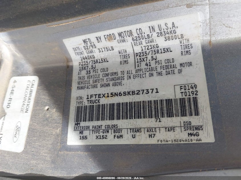 FORD F150 1995 VIN 1FTEX15N6SKB27371