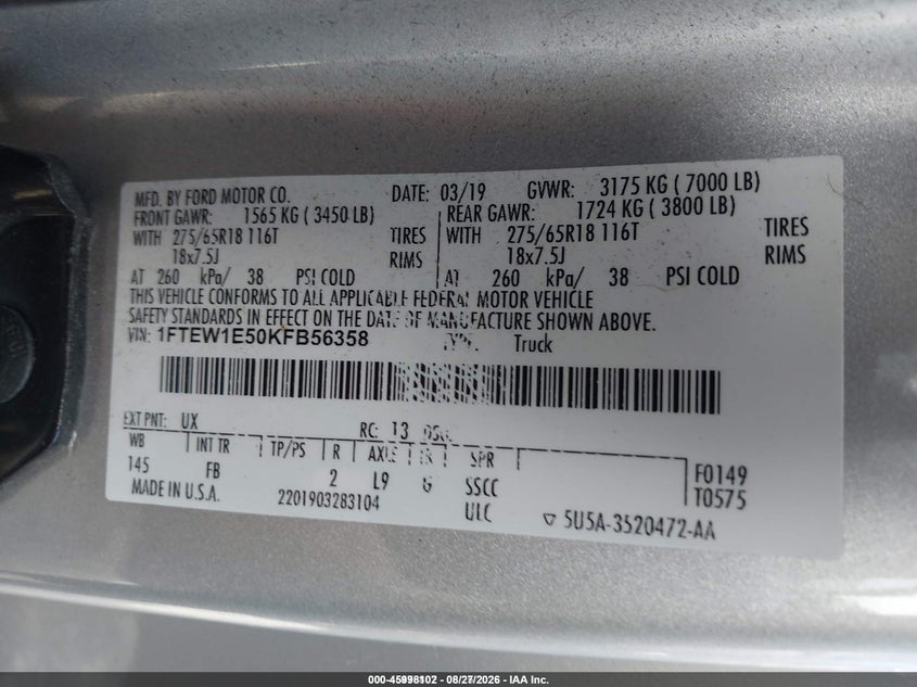 2019 FORD F-150 PICKUP 5L V8 FI DOHC 32V NF4
